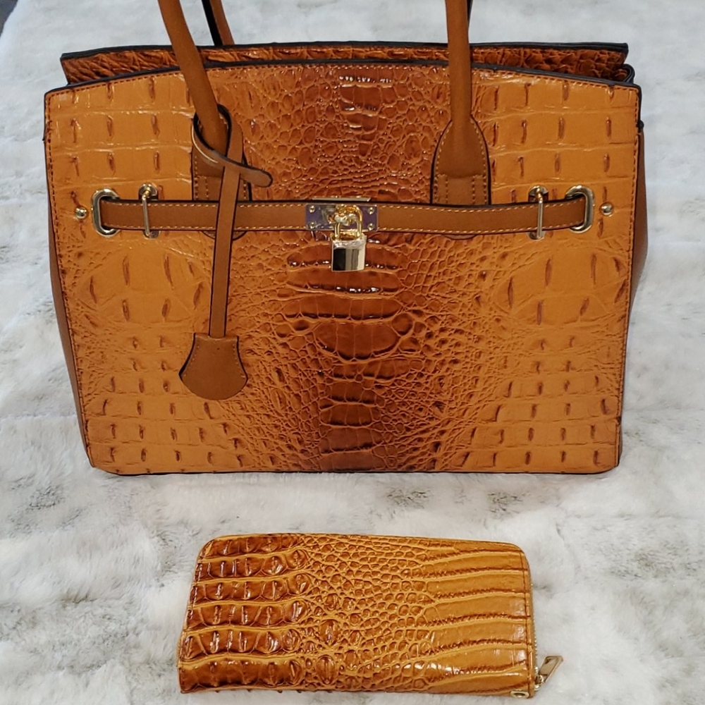 Tan faux alligator purse with wallet.